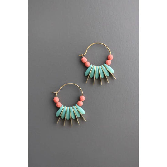 Load image into Gallery viewer, Turquoise and coral glass small hoop earrings
