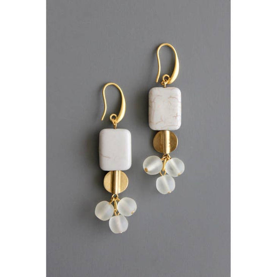 Load image into Gallery viewer, Gray stone, brass, and vintage glass cluster earrings
