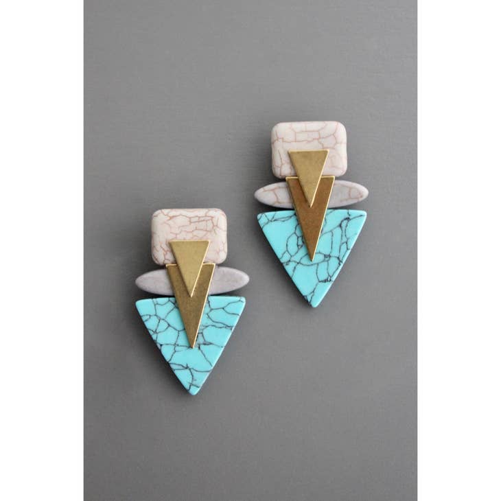 Geometric gray and turquoise post earrings
