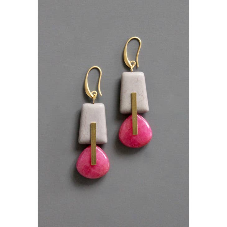 Geometric gray and pink drop earrings