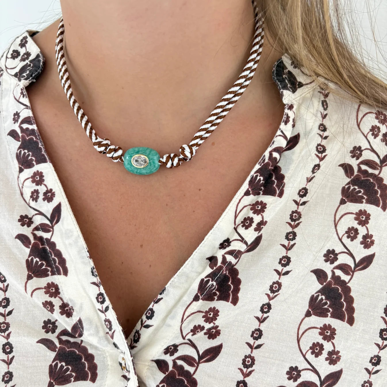 Brown Stripe Cord Necklace w/ Blue Amazonite Stone