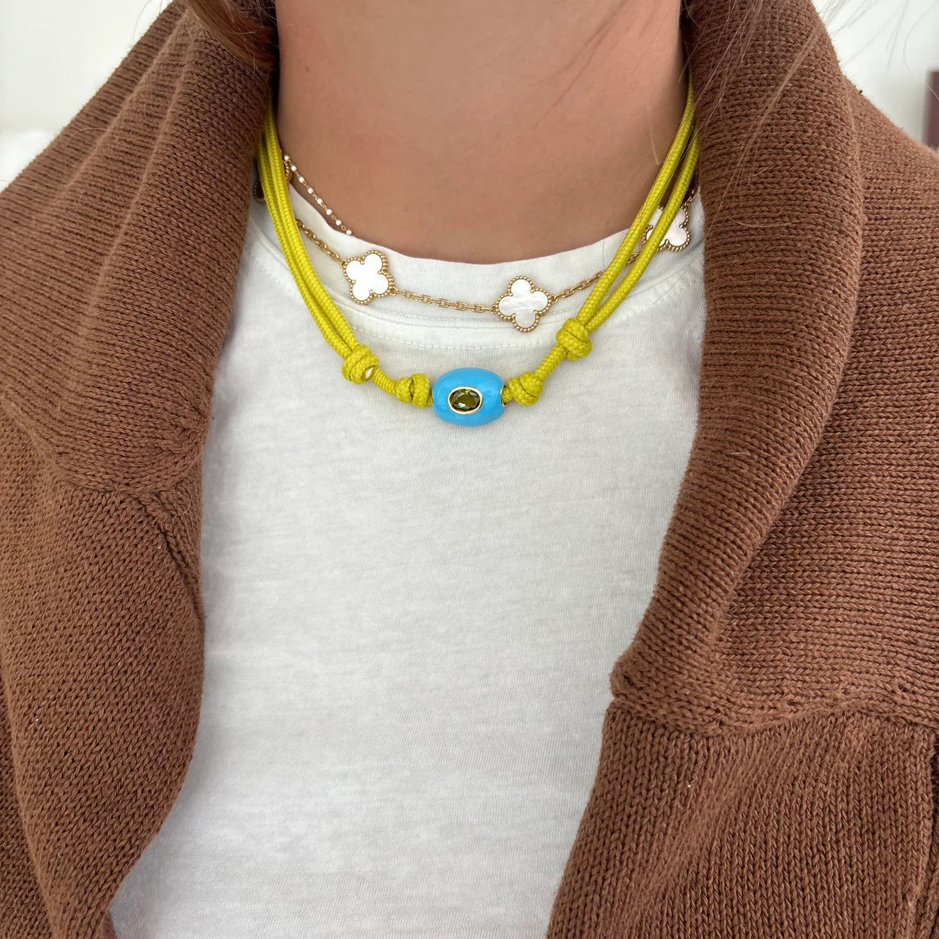 Chartreuse Cord Necklace with Blue Stone