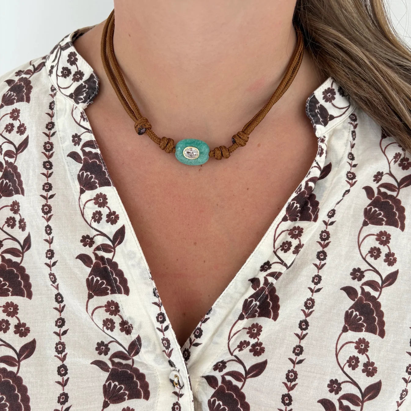 Chocolate Brown Cord Necklace w/ Blue Amazonite Stone